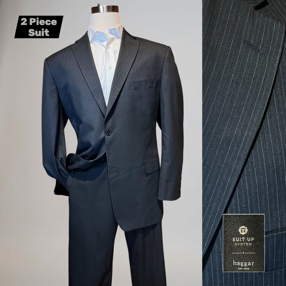 Haggar Suit Up 46L 35x31 Black Subtle Gray and Tonal Dashed Stripe Suit